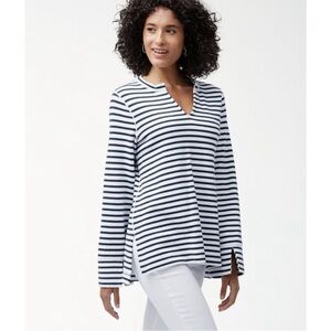 Tommy Bahama Womens Aruba White Blue Striped Tunic Shirt V Neck Ocean Blue Sz S